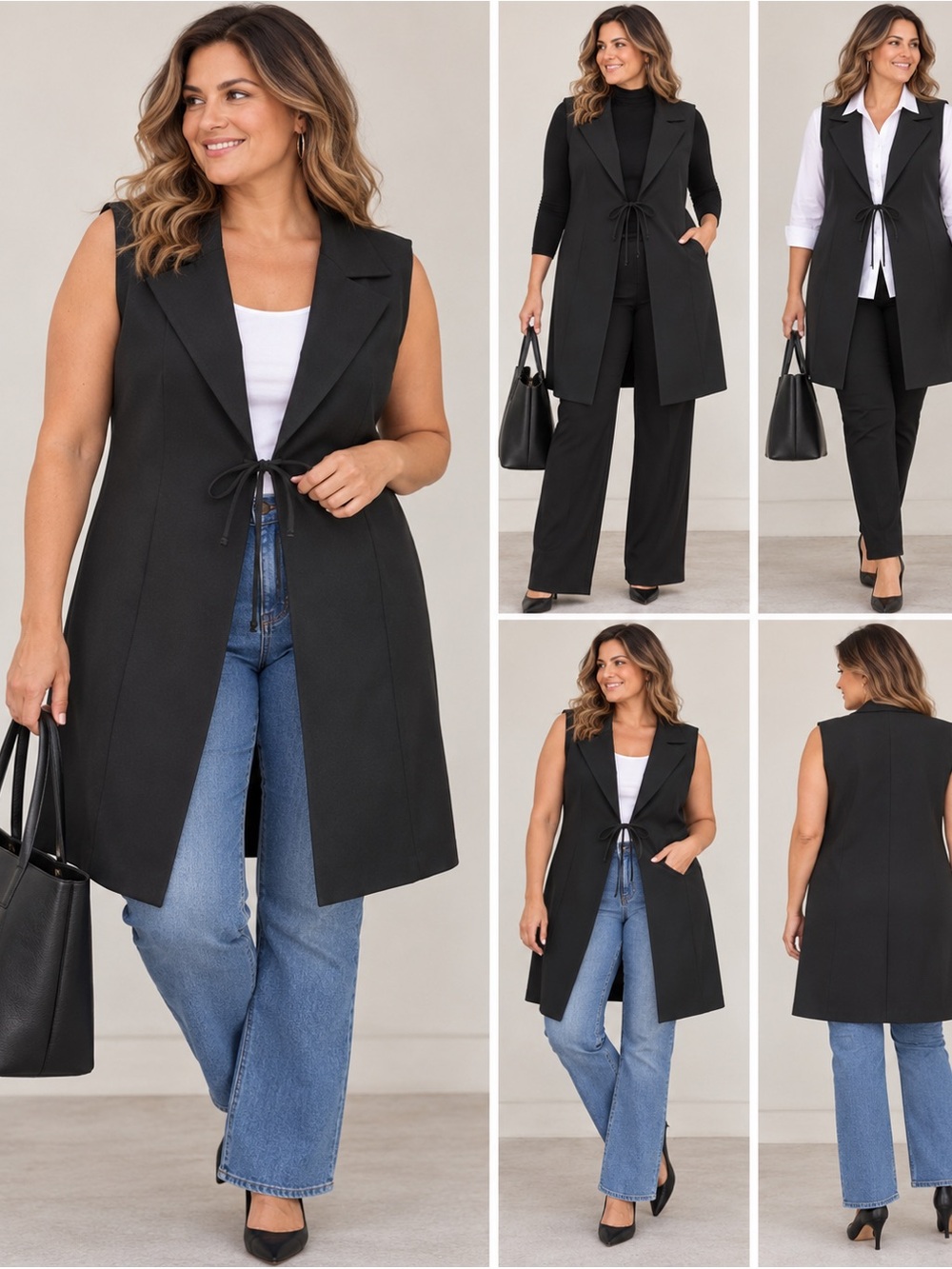 Sleeveless Black Tie-Front Long Vest by